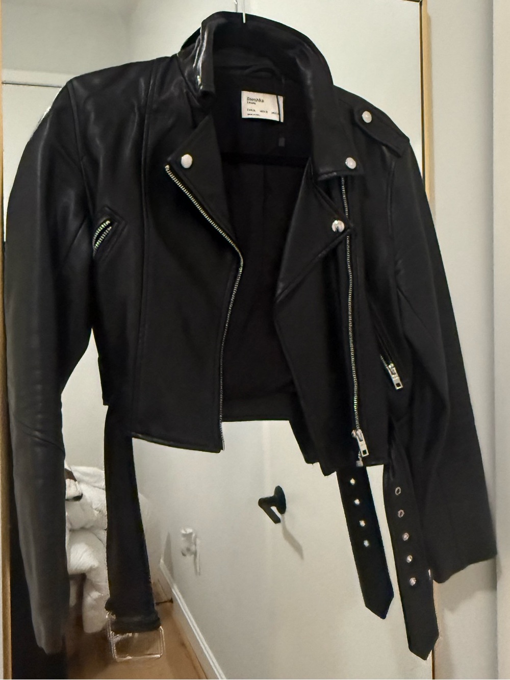 Black Cropped Leather Moto Jacket with Belt